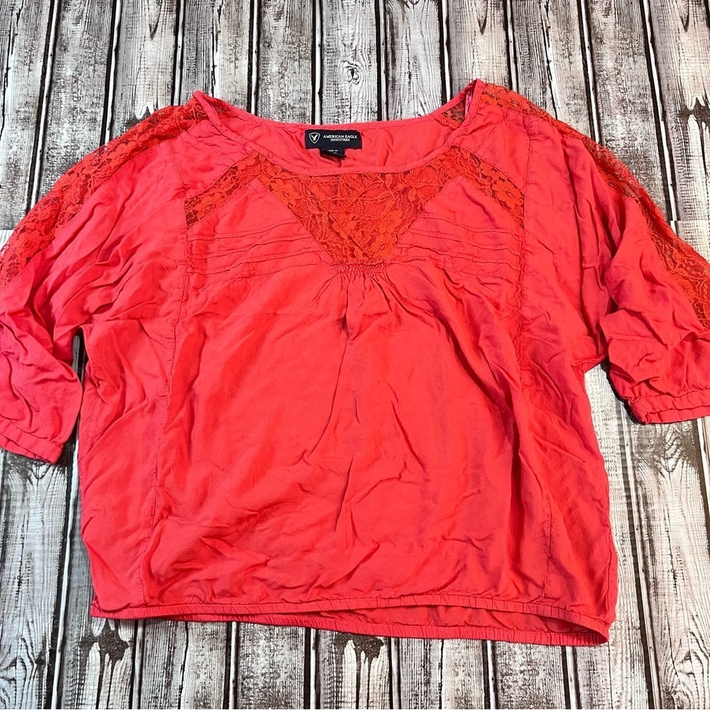 American Eagle Red Boho Peasant Lace Blouse size Medium *
